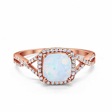 Halo Engagement Ring Rose Tone, Lab Created White Opal 925 Sterling Silver